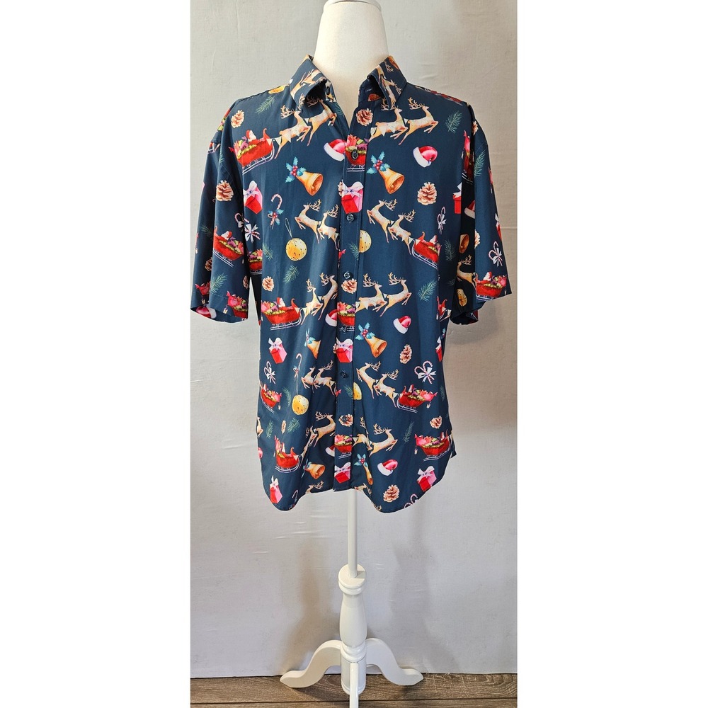 J&DHUASHA Mens Christmas Button Down Shirt Large Navy Blue Santa Reindeer Sleigh